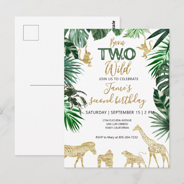 Postal Animales de Safari Salvaje Uno Cumpleaños 1º  (Anverso / Reverso)