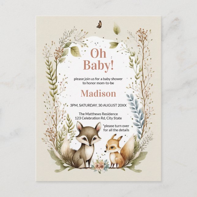 Postal Animales de Woodland Baby Shower invitan a Chica (Anverso)