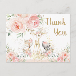 Postal Animales de Woodland Bebé Floral Rosa Gracias