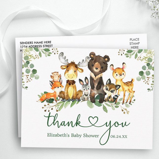 Postal Animales del bosque en acuarela Corazón de agradec (Customize to change text size, color or text style.)