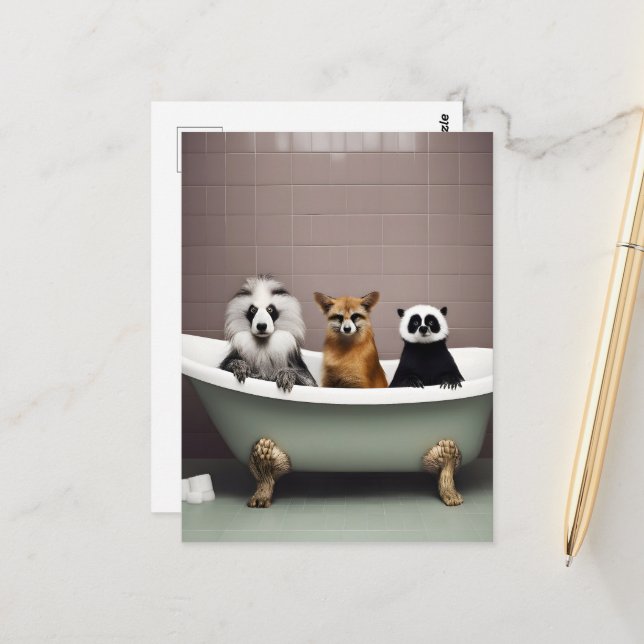 Postal Animales divertidos sentados en la bañera en el ba (Anverso/Reverso In Situ)