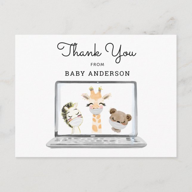 Postal Animales en máscaras Baby Shower virtual Gracias (Anverso)
