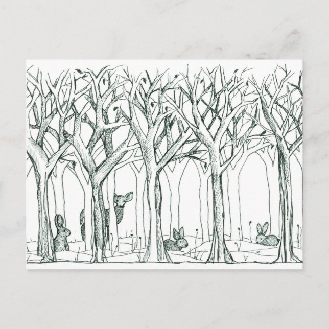 Postal Animales Forestales Árboles de invierno Conejos de (Anverso)