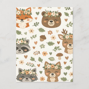 Postal Animales Lindos del Bosque Patrón Floral