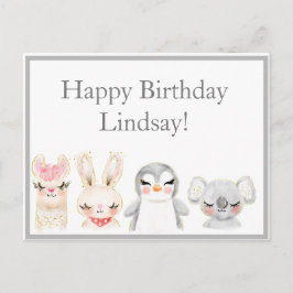 Postal Animales Lindos Tipografía Acuarela Cumpleaños
