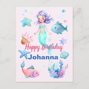 Postal Animales Marinos Lindos Tema Sirena Feliz Cumpleañ