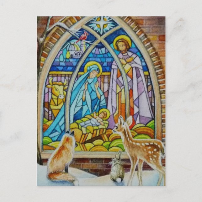 Postal Animales y Natividad Vidrio Manchado (Anverso)