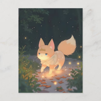 Postal Anime Celestial Fox en un bosque iluminado por est