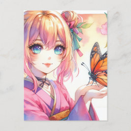 Postal Anime Chica sostiene una mariposa