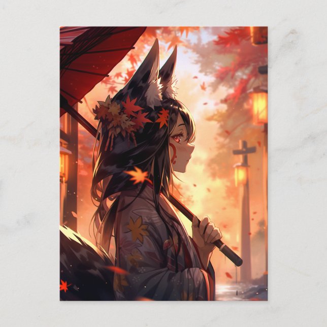 Postal Anime Kitsune Chica Cute Fox Fantasy Art (Anverso)