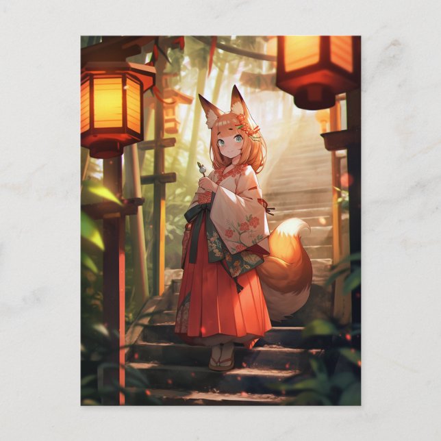 Postal Anime Kitsune Chica Cute Fox Fantasy Art (Anverso)