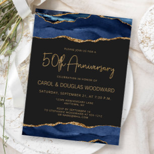 Postal Aniversario 50 Navy Blue Gold Agate Dark