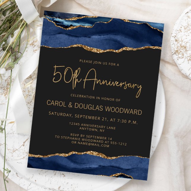 Postal Aniversario 50 Navy Blue Gold Agate Dark (Subido por el creador)