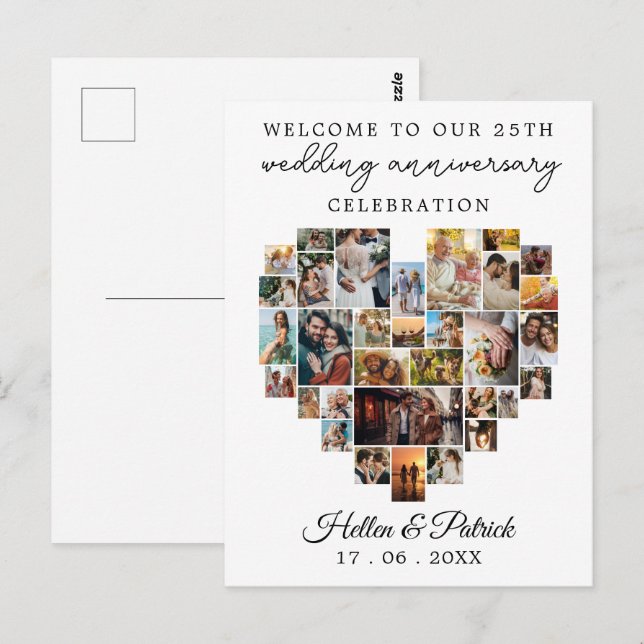 Postal Aniversario boda Collage de fotos corazón moderno (Anverso / Reverso)