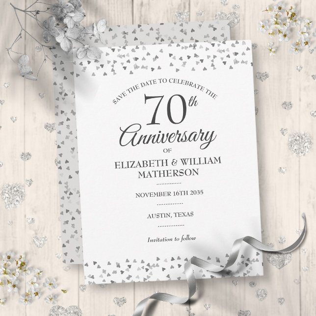 Postal Aniversario Boda Corazones de amor salvan la fecha (70th Wedding Anniversary Love Hearts Save the Date Postcard)