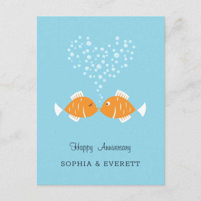 Postal Aniversario boda Pescado del Corazón Pareja Casada (Anverso)