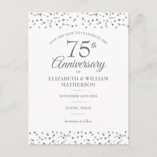 Postal Aniversario de bodas de 75 años Love Hearts Save t (Anverso)