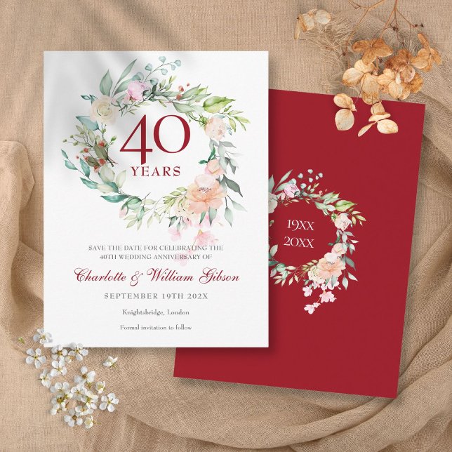 Postal Aniversario de bodas de rubí 40º - Guirnalda de ro (40th Ruby Anniversary Save the Date Roses Garland Postcard)