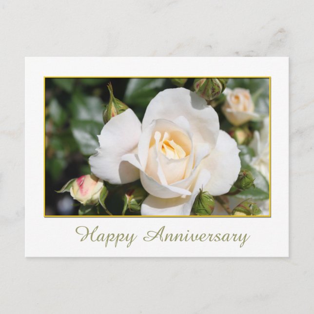 Postal aniversario de flores de rosa blanca bonito (Anverso)