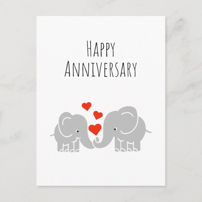 Postal Aniversario feliz- Cuta pareja de elefantes (Anverso)