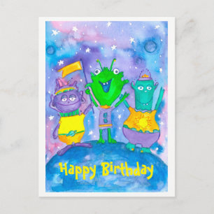 Postal Aniversario feliz del espacio exterior de Aliens