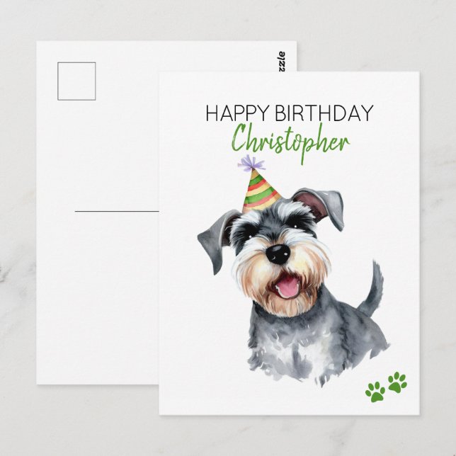Postal Aniversario feliz personalizado de Schnauzer Dog (Anverso / Reverso)