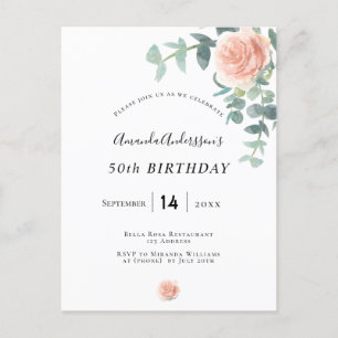 Postal Aniversario floral rosa dorado verde blanco elegan