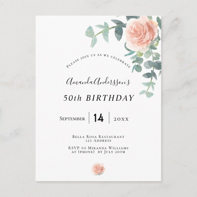 Postal Aniversario floral rosa dorado verde blanco elegan (Anverso)
