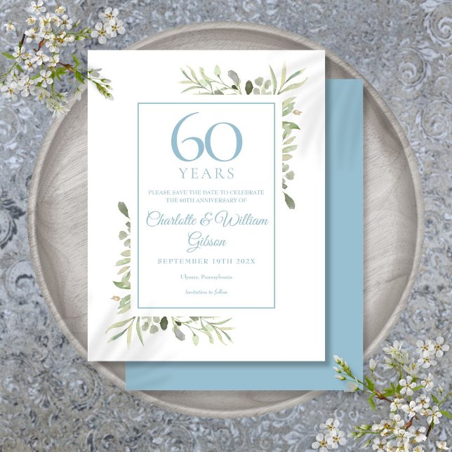 Postal Aniversario número 60 fecha a guardar vegetación (60th Anniversary Save the Date Greenery Postcard)