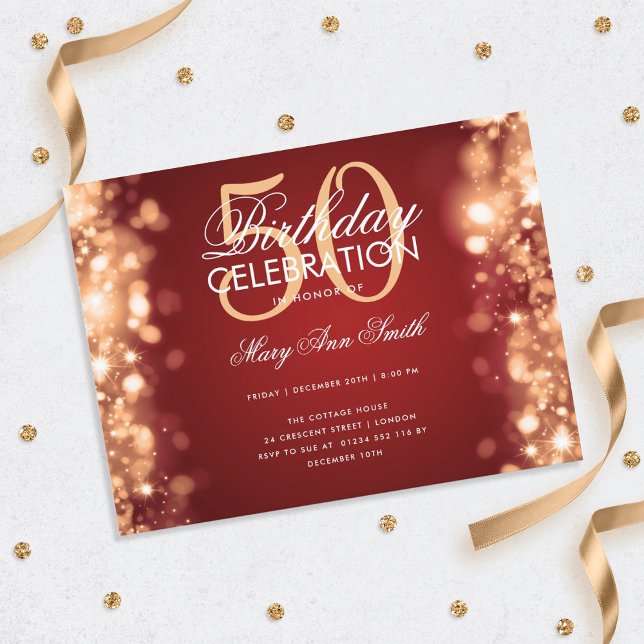 Postal Aniversario presupuestal Elegante Oro Luces Rojas  (Subido por el creador)