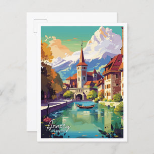Postal Annecy France Art vintage ilustracion de viajes