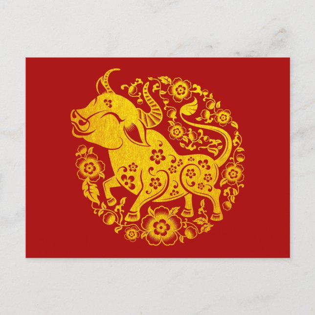 Postal Año Nuevo Chino 2021 del Oro Floral Ox (Anverso)