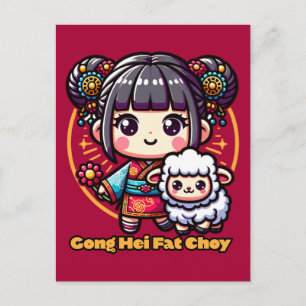 Postal Año Nuevo Chino de oveja y niña Kawaii