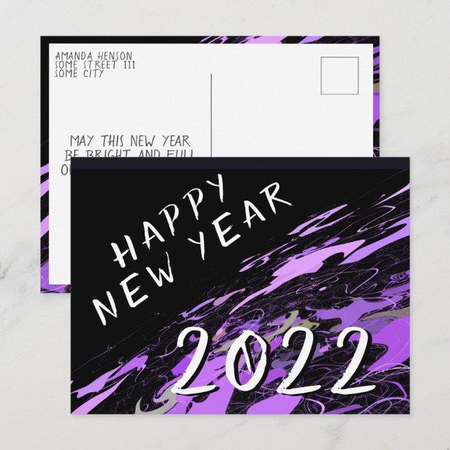 Postal Año Nuevo Feliz 2022 Moderno Abstracto Púrpura Neg (Anverso / Reverso)