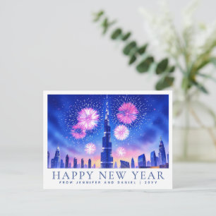 Postal Año Nuevo Feliz Acuarela Personalizada Fuegos Arti