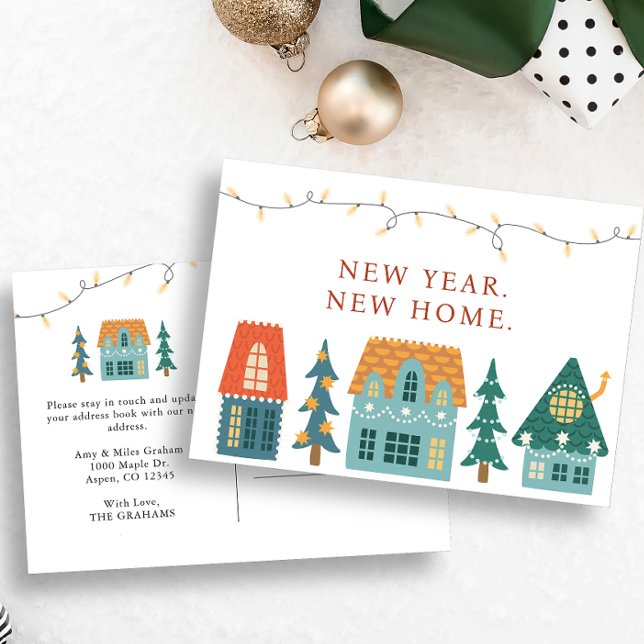 Postal Año Nuevo Hogar Nuevo Fiesta (New Year New Home Postcard Holiday Retro Houses Christmas Card)