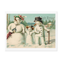 Año Nuevo noruego vintage con familia de snowman