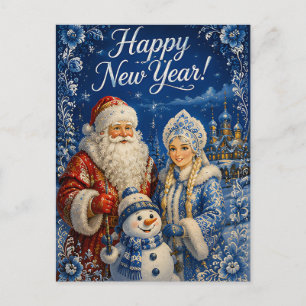 Postal Año Nuevo Ruso Azul Ded Moroz Snegurochka 