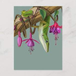 Postal Anolis verde con fucsias