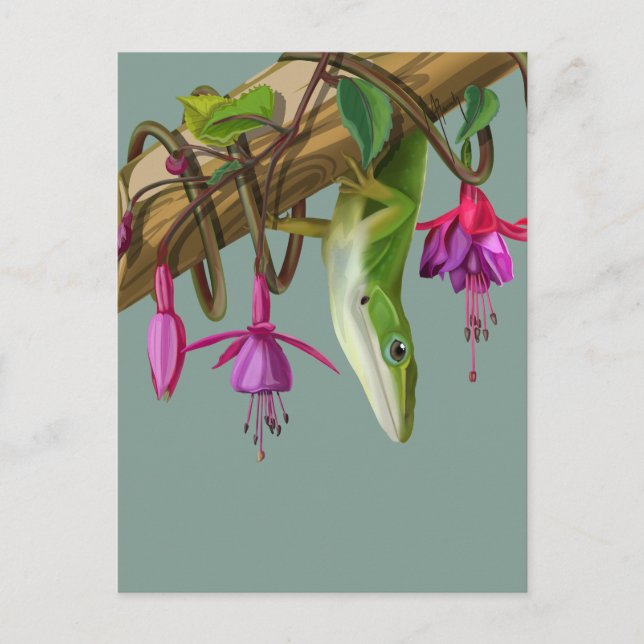 Postal Anolis verde con fucsias  (Anverso)