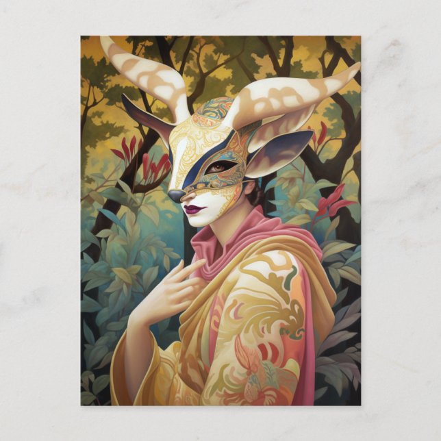 Postal Antelope Mask Lady Surreal Fantasía Art Postcard (Anverso)
