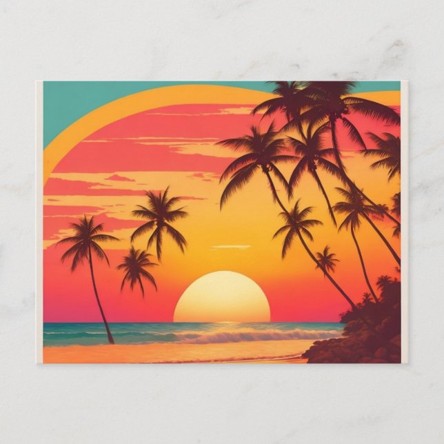 Postal Antigua de la Playa del Atardecer Retro Pla (Anverso)