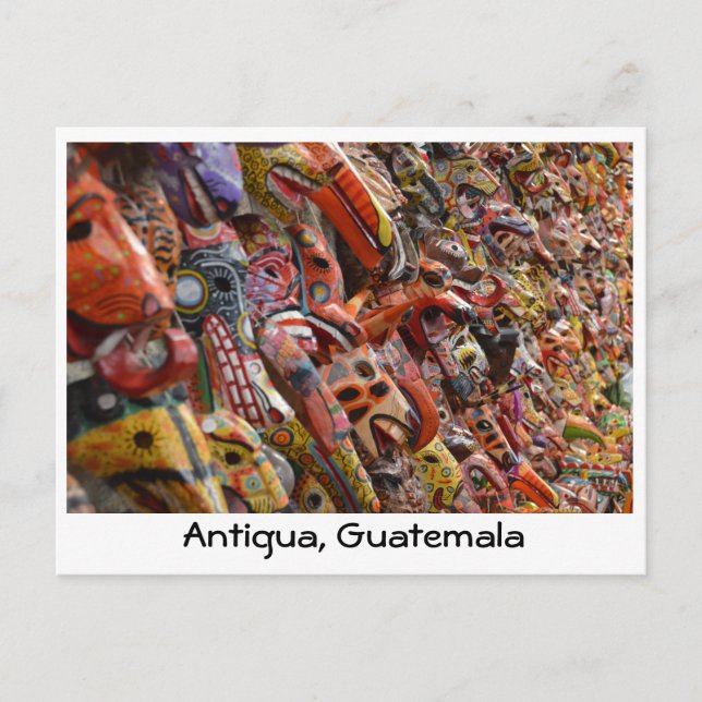Postal Antigua, Guatemala Maya Máscaras de madera (Anverso)