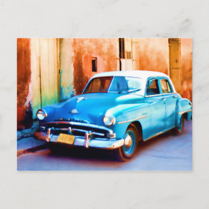 Postal Antiguo automóvil azul en Cuba