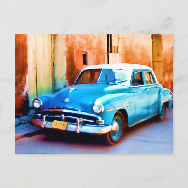 Postal Antiguo automóvil azul en Cuba (Anverso)