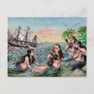 Postal Antiguo barco del tesoro de sirenas victorianas vi