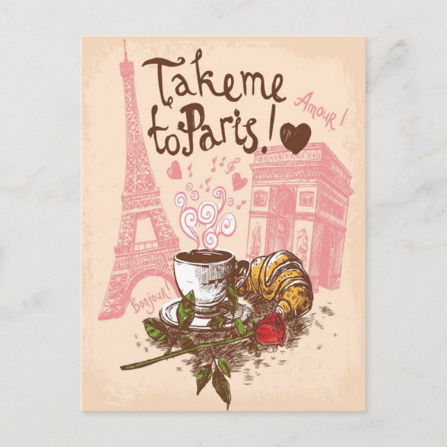 Postal Antiguo Bonjour Paris Torre Eiffel Arco de Triunfo (Anverso)