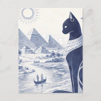 Postal Antiguo gato egipcio Bastet y pirámides azul