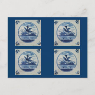 Postal Antiguo mosaico azul delft - Pato en el agua