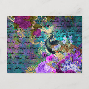 Postal Antiguo Pavón Ilustrado y Flores Grunge